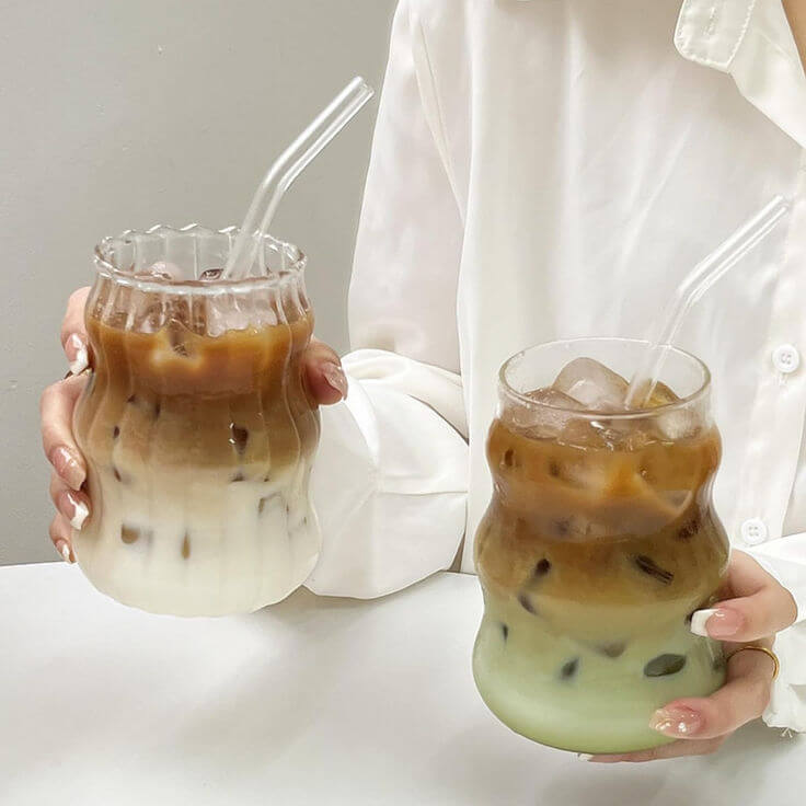Ribbed Glass Cup with Lid + Free Glass Straw