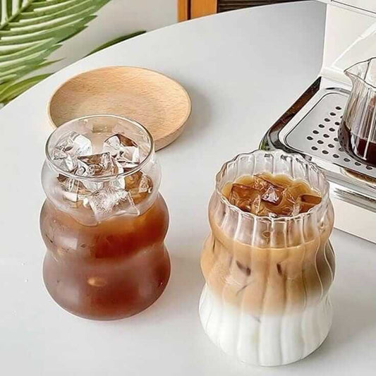 Ribbed Glass Cup with Lid + Free Glass Straw