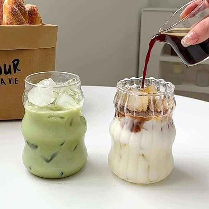 Ribbed Glass Cup with Lid + Free Glass Straw