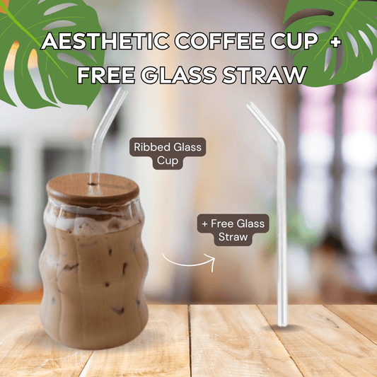 Ribbed Glass Cup with Lid + Free Glass Straw
