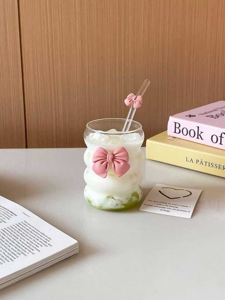 Bow Glass Cup with Straw & Lid – Pinterest Aesthetic
