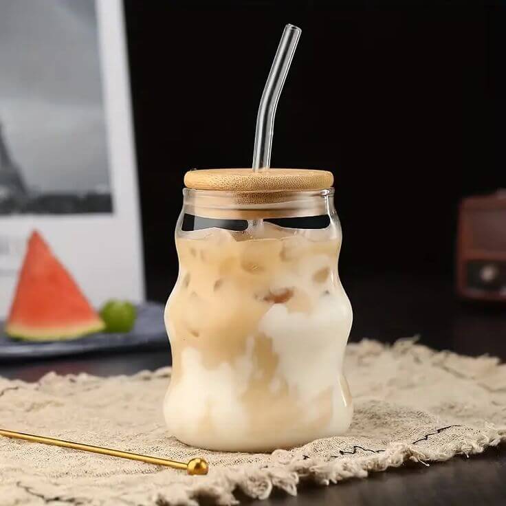 Ribbed Glass Cup with Lid + Free Glass Straw